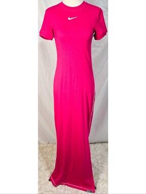 Nike Maxi Dress Fuschia Pink Logo Long Short Sleeve T Shirt Crew Neck Athleisure